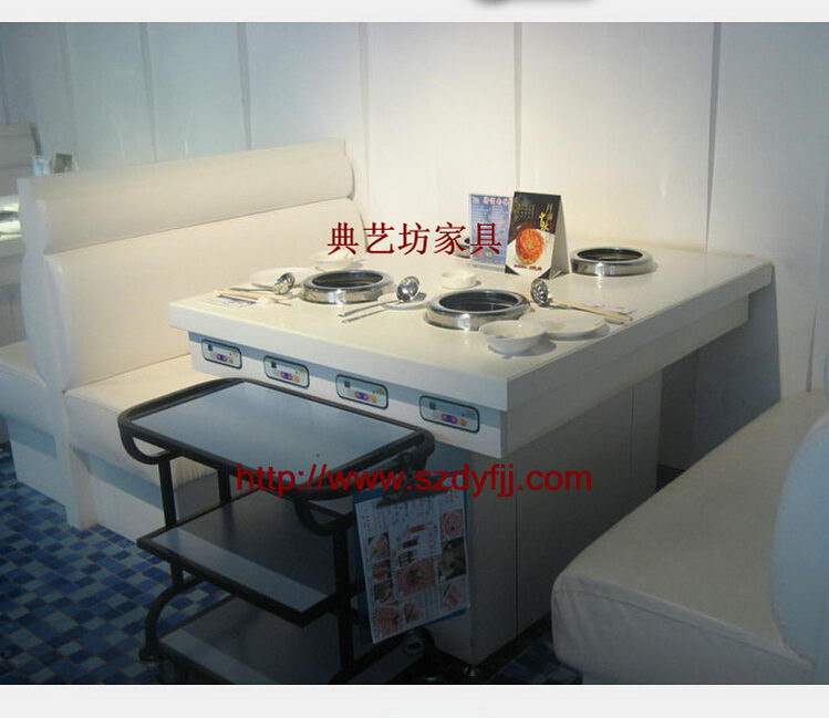 欧式大理石火锅桌，电磁炉火锅餐桌搭配2皮质卡座沙发d-197